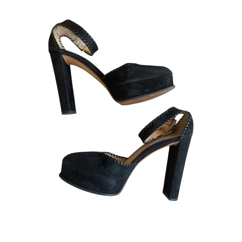 JIMMY CHOO Daphne 120 Pumps Black Whipstitch Suede Platform Heels 39.5